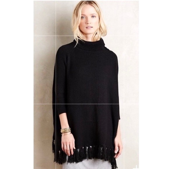 Anthropologie Turtleneck Sweater Poncho with Fringe Details One Size - Picture 1 of 13
